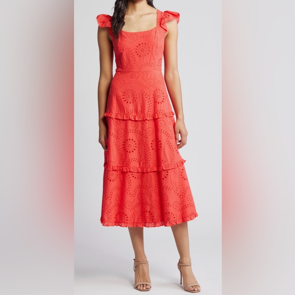 ANNE KLEIN Tiered Cotton Eyelet Midi Sundress Hibiscus Red